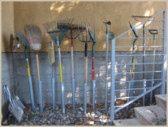 Ingenious garden tool storage makes for a creative art display.