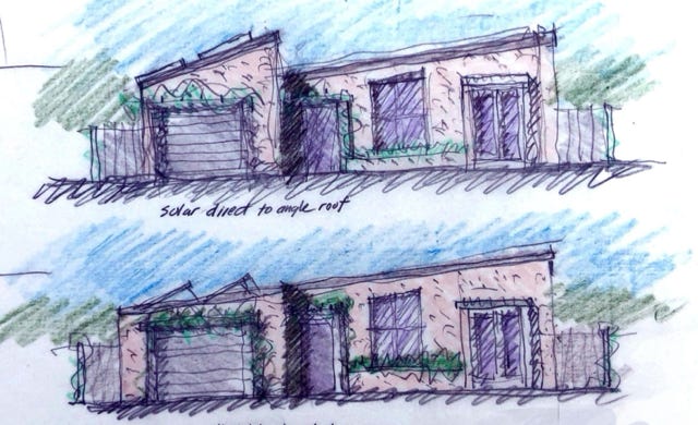 sketch design for new ADU shoing simplistic design and new solar on the roof