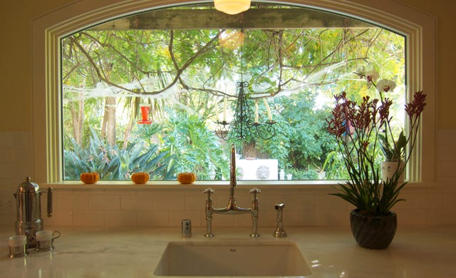 new large arched window at kitchen sink with view to rear yard oasis